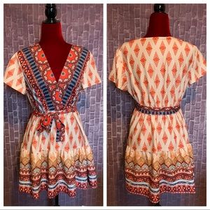 Boutique Boho Print Faux Wrap A-Line Dress